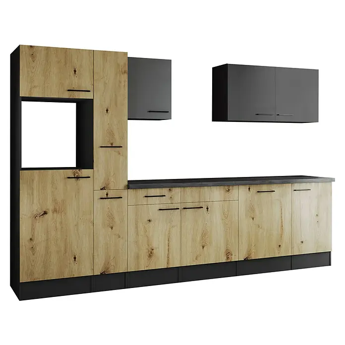 Respekta Olivia Küchenleerblock - Breite: 310 cm, Artisan Eiche Nachbildung/Grau, Ohne Elektrogeräte, Schwarze Griffe - Modernes Küchendesign mit Holzfronten und grauen Hängeschränken. Die Küchenzeile bietet viel Stauraum und eine integrierte Gerätezone.