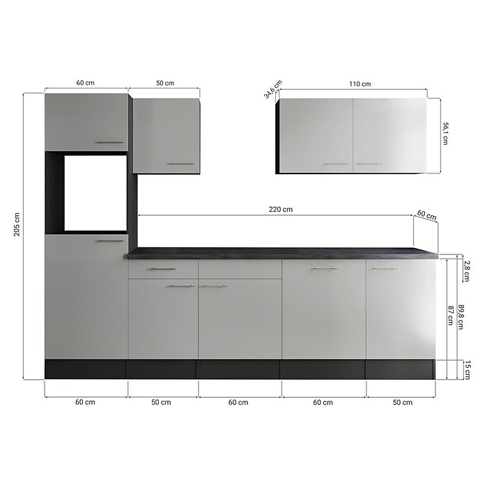 Respekta Olivia Küchenleerblock (Breite: 280 cm, Schwarz, Ohne Elektrogeräte, Silberne Griffe) | BAUHAUS