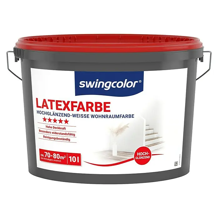 swingcolor Latexfarbe - Schneeweiß, Hochglänzend, 10 l - Abbildung eines Eimers Swingcolor Latexfarbe, hochglänzend weiß, ideal für Wohnräume.