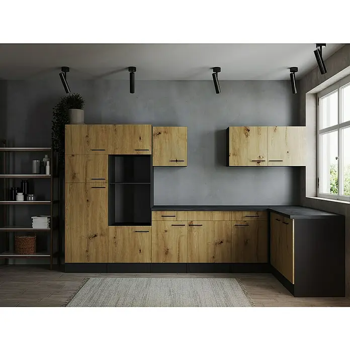 Respekta Olivia Winkelküche - Breite: 340 cm, Artisan Eiche Nachbildung, Ohne Elektrogeräte - Küchenansicht mit Holzfronten, schwarzen Arbeitsplatten und Regalen. Moderne Gestaltung mit Akzentbeleuchtung für eine stilvolle Atmosphäre.