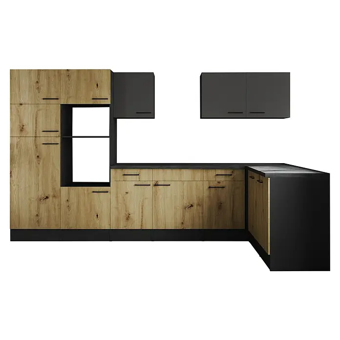 Respekta Olivia Winkelküche - Breite: 340 cm, Artisan Eiche Nachbildung/Grau, Ohne Elektrogeräte - Moderne Küche mit Holzfronten und grauen Hängeschränken. Das Design ist geradlinig und funktional mit schwarzen Akzenten.
