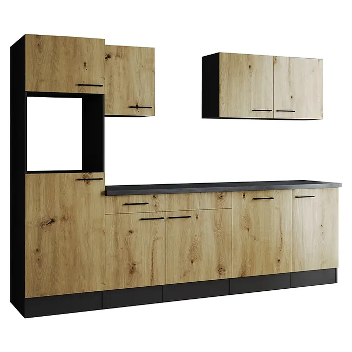 Respekta Olivia Küchenleerblock - Breite: 280 cm, Artisan Eiche, Ohne Elektrogeräte, Schwarze Griffe - Moderne Küche mit Holzfronten und schwarzen Akzenten. Die klaren Linien und die warme Holzoptik verleihen der Küche eine elegante Note.