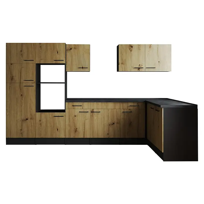 Respekta Olivia Winkelküche - Breite: 340 cm, Artisan Eiche Nachbildung, Ohne Elektrogeräte - Moderne Küche mit Holzfronten und schwarzen Akzenten bietet Stauraum und integrierte Geräte für stilvolles Kochen.