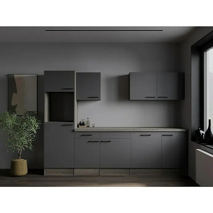 Respekta Olivia Küchenleerblock - Breite: 280 cm, Artisan Eiche Nachbildung Grau, Ohne Elektrogeräte, Schwarze Griffe - Elegante graue Küchenzeile mit stilvollen Schränken und einer Zimmerpflanze, die eine moderne und ruhige Atmosphäre schafft.