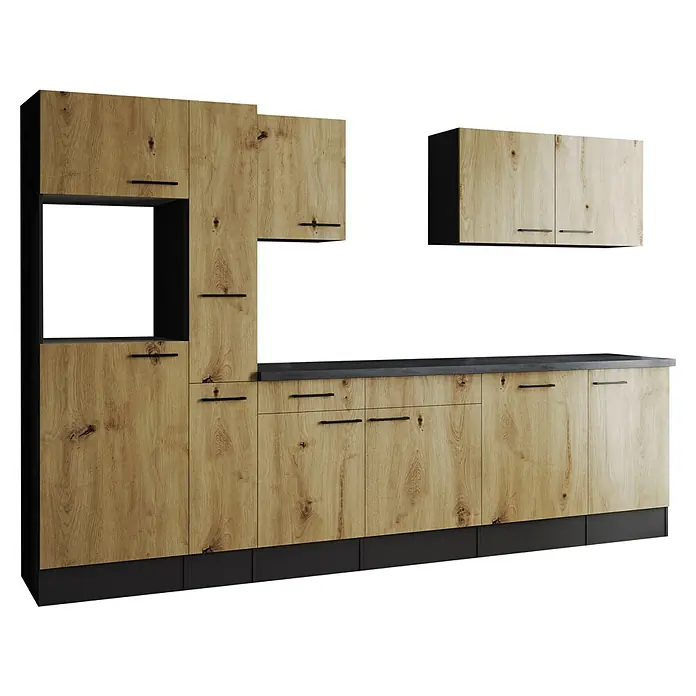 Respekta Olivia Küchenleerblock - Breite: 310 cm, Artisan Eiche Nachbildung, Ohne Elektrogeräte, Schwarze Griffe - Moderne Küchenzeile mit Holzfronten und schwarzen Griffen. Die Küche bietet viel Stauraum und eine integrierte Mikrowelle.