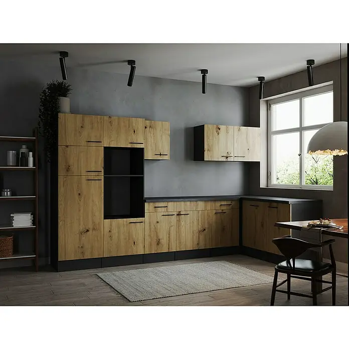 Respekta Olivia Winkelküche - Breite: 340 cm, Artisan Eiche Nachbildung, Ohne Elektrogeräte - Helle Holzküche mit schwarzen Akzenten, die durch eine moderne Formgebung und natürliche Materialien besticht.
