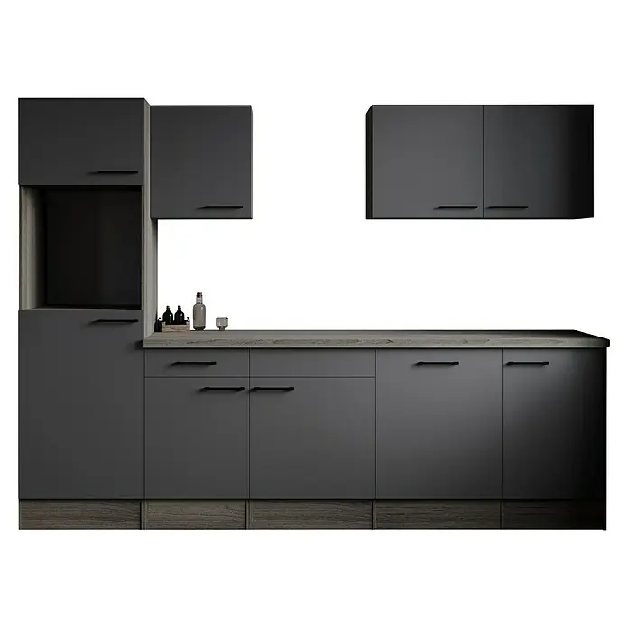 Respekta Olivia Küchenleerblock - Breite: 280 cm, Artisan Eiche Nachbildung Grau, Ohne Elektrogeräte, Schwarze Griffe - Ein modernes Küchenensemble in elegantem Grau mit dunklen Griffen und einer stilvollen Arbeitsplatte. Klare Linien und ein minimalistisches Design zeichnen es aus.
