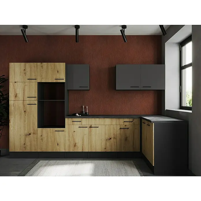 Respekta Olivia Winkelküche - Breite: 340 cm, Artisan Eiche Nachbildung/Grau, Ohne Elektrogeräte - Eine moderne Küche in Erdtönen mit Holzfronten und grauen Akzenten, die ein stilvolles und funktionales Design bietet.
