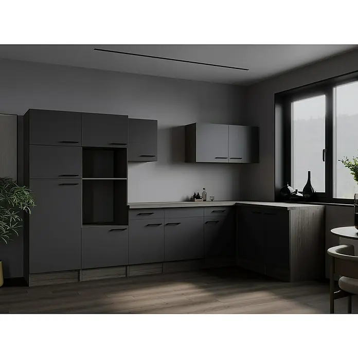 Respekta Olivia Winkelküche - Breite: 340 cm, Eiche-Grau, Ohne Elektrogeräte - Dunkle Küche mit modernen Schränken und einer hellen Arbeitsplatte. Die minimalistische Gestaltung wird durch das Fenster betont.