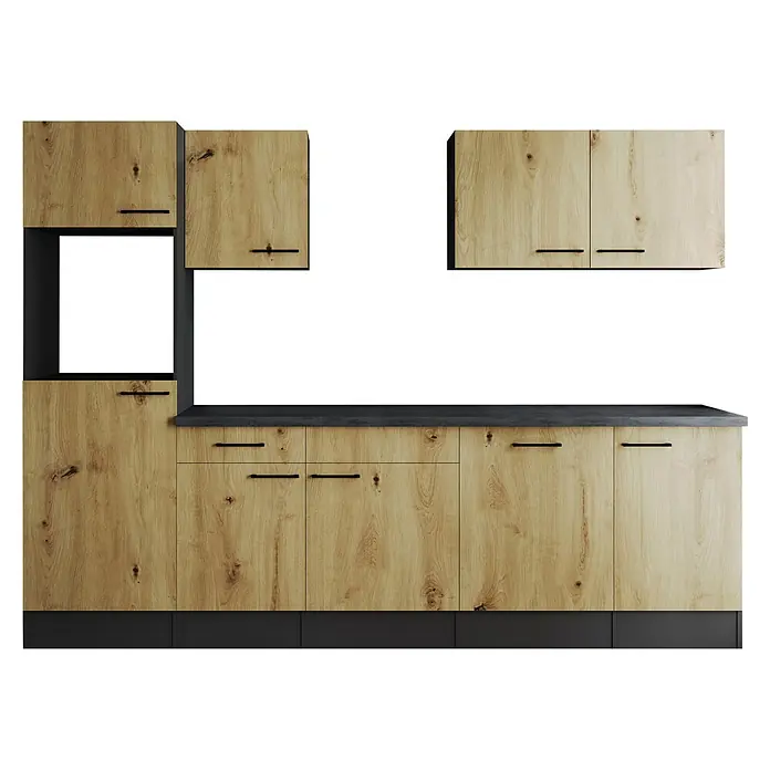 Respekta Olivia Küchenleerblock - Breite: 280 cm, Artisan Eiche, Ohne Elektrogeräte, Schwarze Griffe - Moderne Küche mit Holzfronten und schwarzen Akzenten. Die Küchenschränke bieten Stauraum und eine stilvolle Optik.