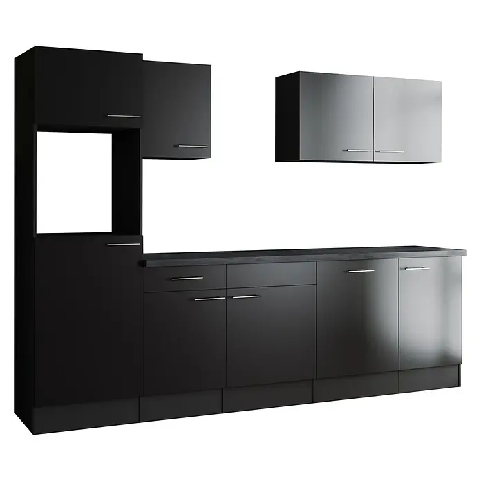 Respekta Olivia Küchenleerblock - Breite: 280 cm, Schwarz, Ohne Elektrogeräte, Silberne Griffe - Elegante graue Küchenzeile mit modernen Schränken und Schubladen, die Stauraum und Stil vereint. Ideal für zeitgemäße Wohnräume.
