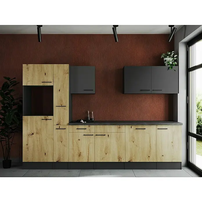 Respekta Olivia Küchenleerblock - Breite: 310 cm, Artisan Eiche Nachbildung/Grau, Ohne Elektrogeräte, Schwarze Griffe - Küchenschränke in Holzoptik mit schwarzen Akzenten und Hängeschränken, die eine moderne und stilvolle Atmosphäre schaffen.