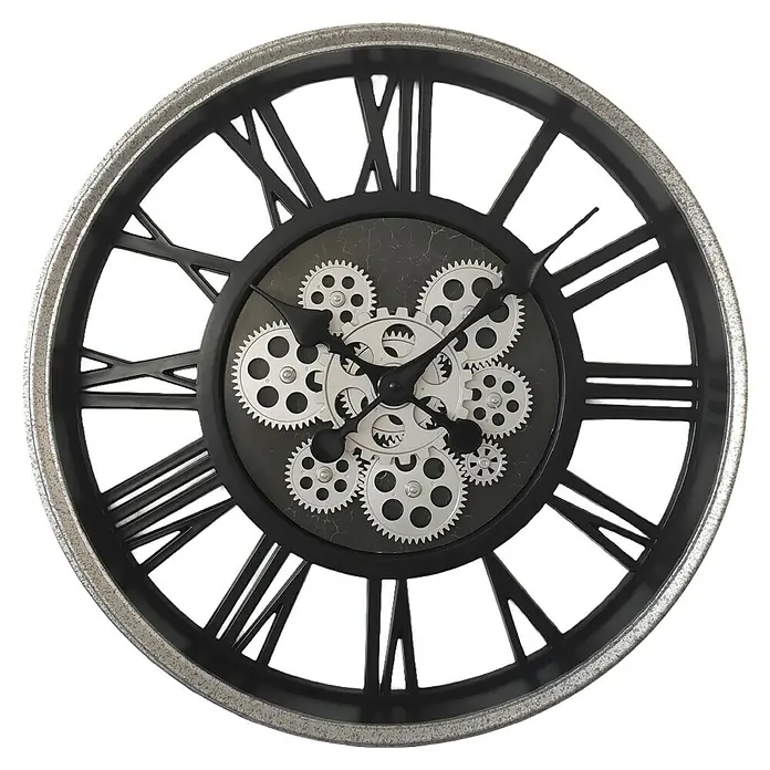 Globo Wanduhr Albine - Schwarz, Durchmesser: 50,8 cm - Eine auffällige Wanduhr im industriellen Stil mit römischen Ziffern und dekorativen Zahnrädern, die ein einzigartiges Designelement darstellt.