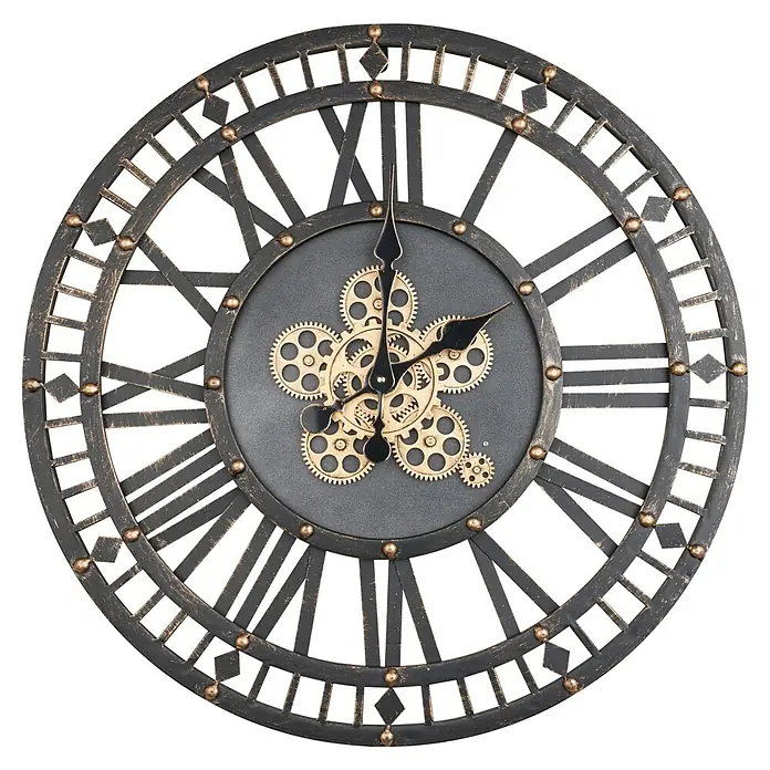 Globo Wanduhr George - Gold/ Schwarz, Durchmesser: 70 cm - Diese große dekorative Wanduhr mit Zahnrädern ist ein Blickfang. Das Zifferblatt ist grau, die römischen Zahlen in goldener Optik.