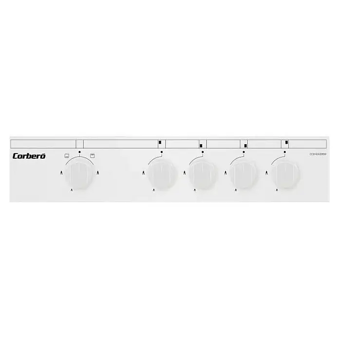 Corberó Cocina de gas CCSF45020BW - Zonas de cocción: 4 ud., Blanco - Primer plano del panel de control de una cocina Corberó, con botones para ajustar las funciones del horno y los fogones.