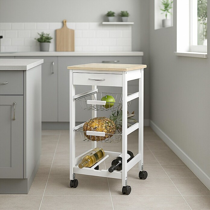 Carro de cocina con bandejas (L x An x Al: 37 x 37 x 76 cm, Blanco/Bambú)