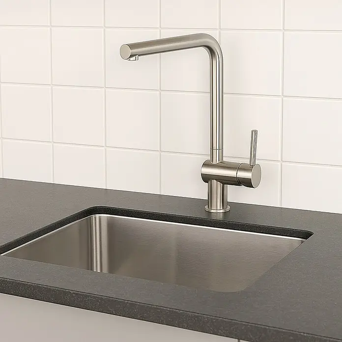 Universal de Grifería Grifo de cocina extraible Carrion - Cromo, Brillante - Un moderno grifo de cocina de acero cepillado con monomando, sobre un fondo de azulejos blancos y una encimera oscura.