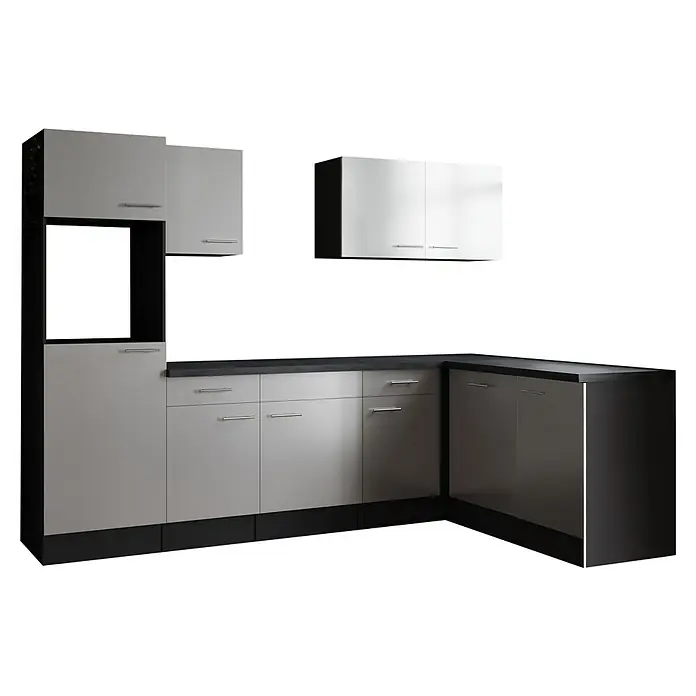 Respekta Olivia Winkelküche - Breite: 280 cm, Weiß, Ohne Elektrogeräte - Moderne Küche mit eleganten weißen Schränken und dunklen Arbeitsplatten, die ein stilvolles und funktionales Design bieten.