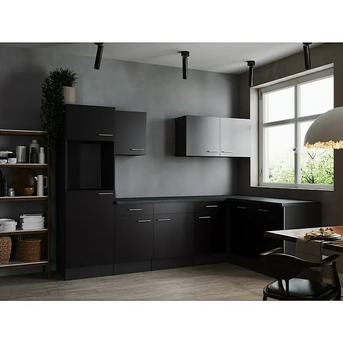 Respekta Olivia Winkelküche - Breite: 280 cm, Schwarz, Ohne Elektrogeräte - Modernes Küchendesign mit schwarzen Schränken und Regalen, akzentuiert durch stilvolle Beleuchtung und einen Hauch von Grün.