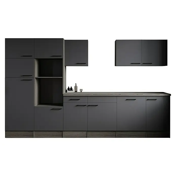 Respekta Olivia Küchenleerblock - Breite: 340 cm, Artisan Eiche Nachbildung Grau, Ohne Elektrogeräte, Schwarze Griffe - Dunkelgraue Küchenschränke mit modernen Griffen und einer Arbeitsplatte in Holzoptik. Die Küche wirkt minimalistisch und stilvoll.