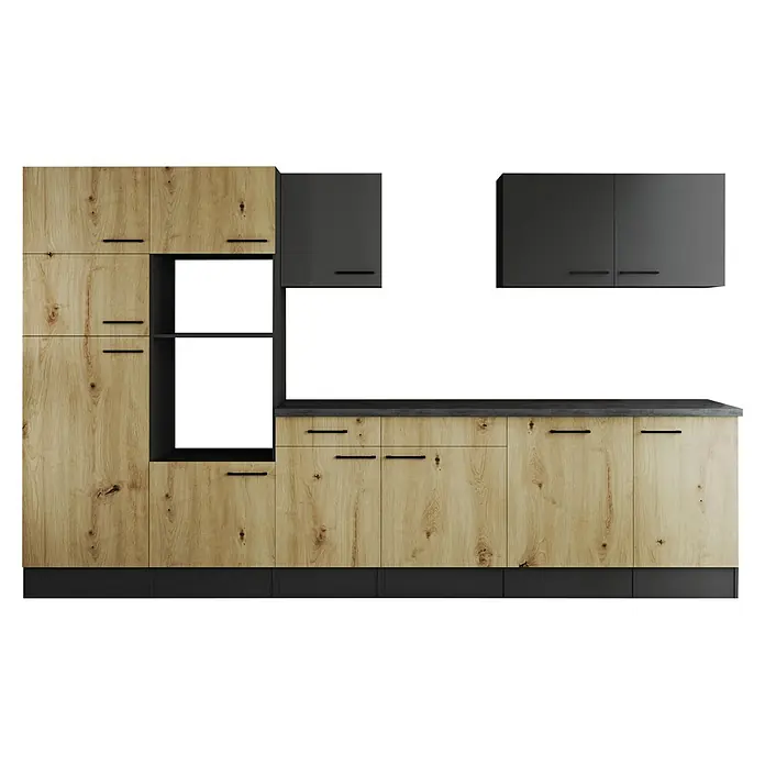 Respekta Olivia Küchenleerblock - Breite: 340 cm, Artisan Eiche Nachbildung/Grau, Ohne Elektrogeräte, Schwarze Griffe - Schicke Küchenzeile mit hellem Holzdekor und grauen Oberschränken. Moderne Optik durch schwarze Griffe und dunklen Sockel.