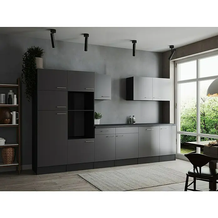 Respekta Olivia Küchenleerblock - Breite: 340 cm, Grau, Ohne Elektrogeräte, Silberne Griffe - Moderne graue Küche mit integrierten Schränken, minimalistischem Design und heller Arbeitsfläche. Blickfang ist die stilvolle und funktionale Küchengestaltung.