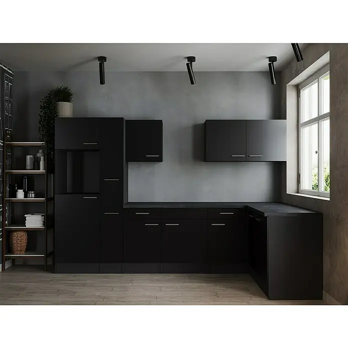 Respekta Olivia Winkelküche - Breite: 310 cm, Schwarz, Ohne Elektrogeräte - Elegante, moderne Küche in Schwarz mit minimalistischem Design. Die schlichten Schränke und Regale bieten viel Stauraum und eine stilvolle Optik.