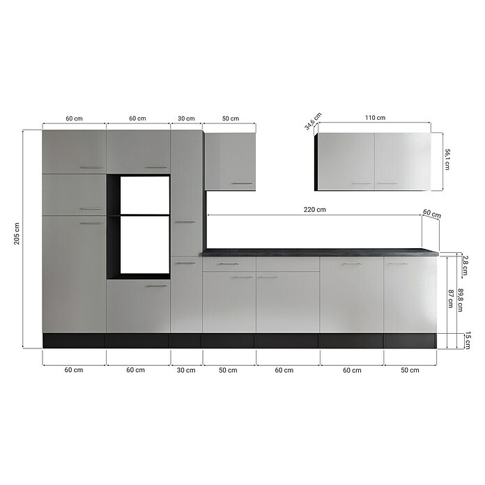 Respekta Olivia Küchenleerblock (Breite: 370 cm, Grau, Ohne Elektrogeräte, Schwarze Griffe) | BAUHAUS
