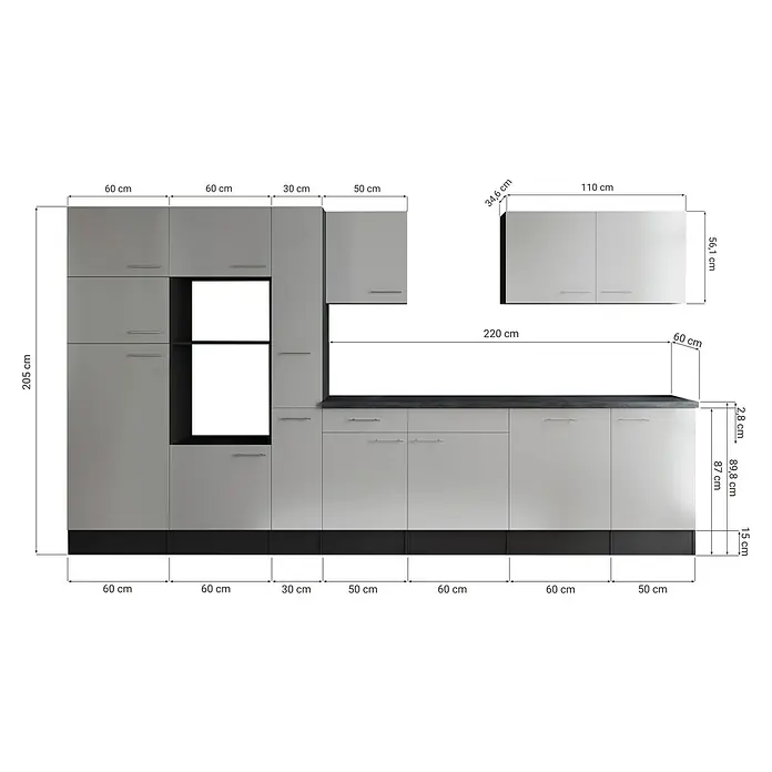 Respekta Olivia Küchenleerblock - Breite: 370 cm, Schwarz, Ohne Elektrogeräte, Silberne Griffe - Küchenplanung mit Maßen.