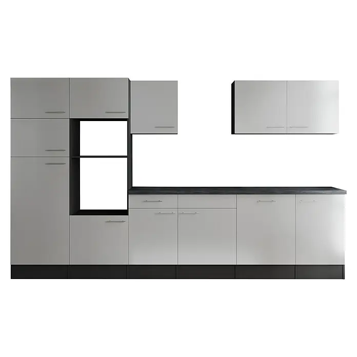Respekta Olivia Küchenleerblock - Breite: 340 cm, Weiß, Ohne Elektrogeräte, Silberne Griffe - Moderne Küche mit grauen Schränken, Schubladen und Regalen auf einem schwarzen Sockel für einen eleganten, minimalistischen Look.