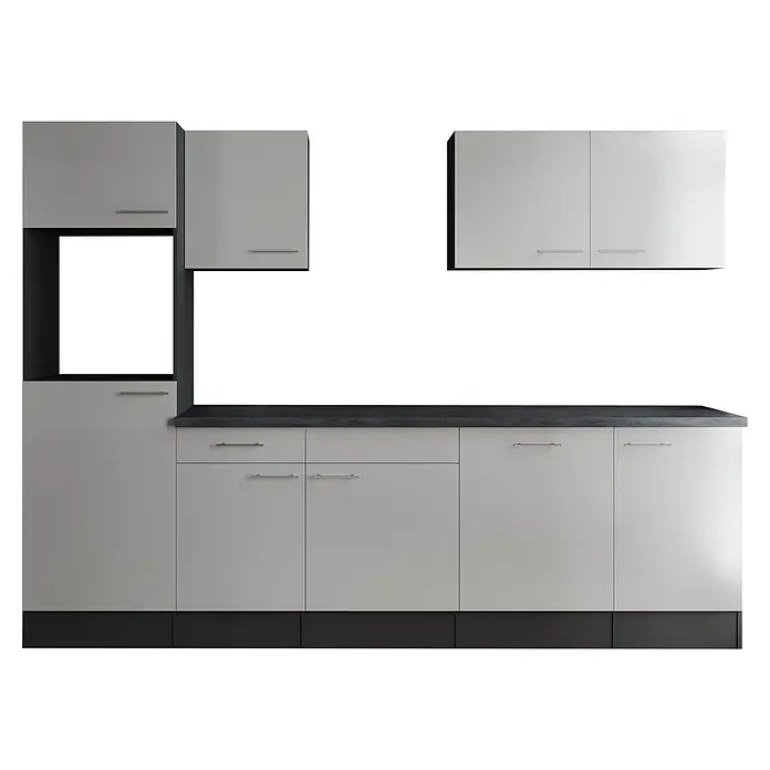 Respekta Olivia Küchenleerblock - Breite: 280 cm, Weiß, Ohne Elektrogeräte, Silberne Griffe - Ein modernes Küchenmöbelset in Grau und Schwarz mit Schränken und Schubladen. Das Design ist schlicht und funktional.