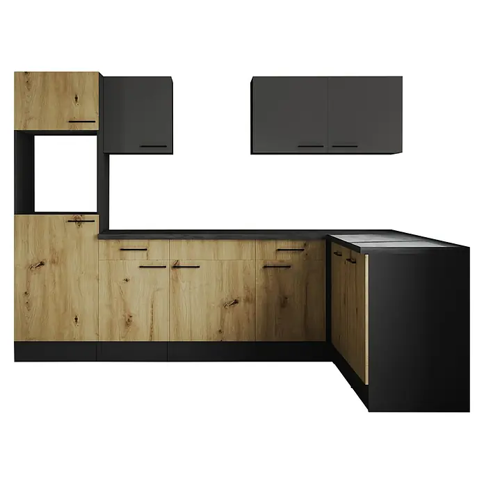 Respekta Olivia Winkelküche - Breite: 280 cm, Artisan Eiche Nachbildung/Grau, Ohne Elektrogeräte - Küchenmöbel in Holzoptik mit schwarzen Akzenten und modernen Griffen. Die Küchenschränke bieten Stauraum und eine stilvolle Ästhetik.