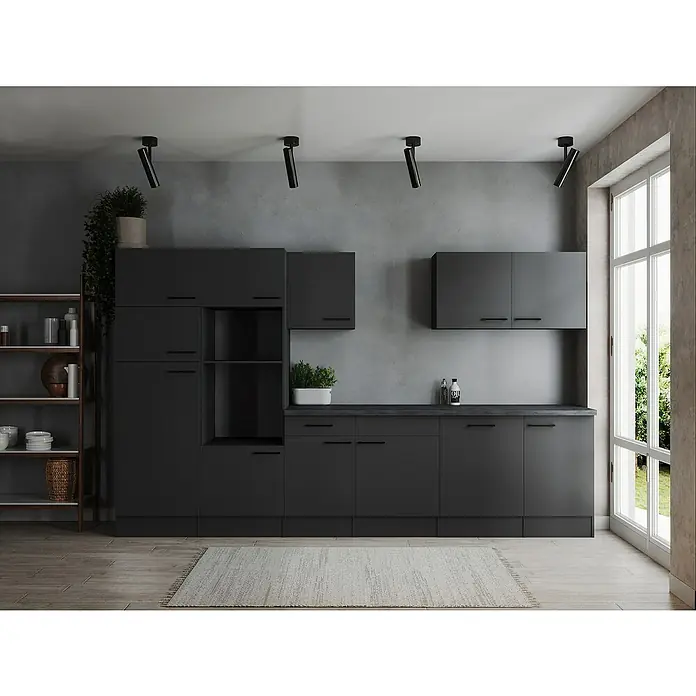 Respekta Olivia Küchenleerblock - Breite: 340 cm, Grau, Ohne Elektrogeräte, Schwarze Griffe - Moderne Küche mit eleganten, mattschwarzen Schränken, die Stauraum und Stil vereinen, ergänzt durch eine praktische Arbeitsfläche.