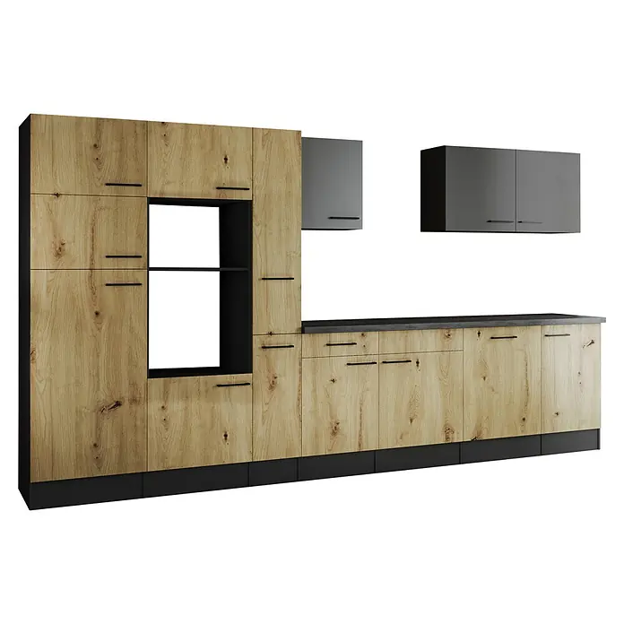 Respekta Olivia Küchenleerblock - Breite: 370 cm, Artisan Eiche Nachbildung/Grau, Ohne Elektrogeräte, Schwarze Griffe - Moderne Küche mit hellbraunen Holzfronten und grauen Hängeschränken für stilvolles Küchendesign.