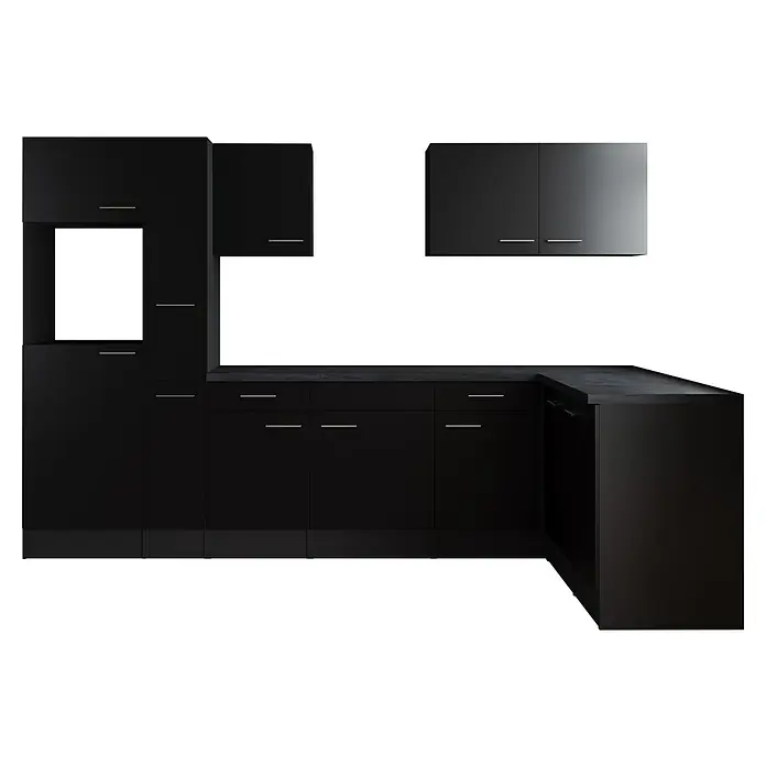 Respekta Olivia Winkelküche - Breite: 310 cm, Schwarz, Ohne Elektrogeräte - Elegante schwarze Küche mit modernen Schränken und Arbeitsflächen. Die Küchenzeile bietet viel Stauraum und eine stilvolle Optik für jeden Raum.