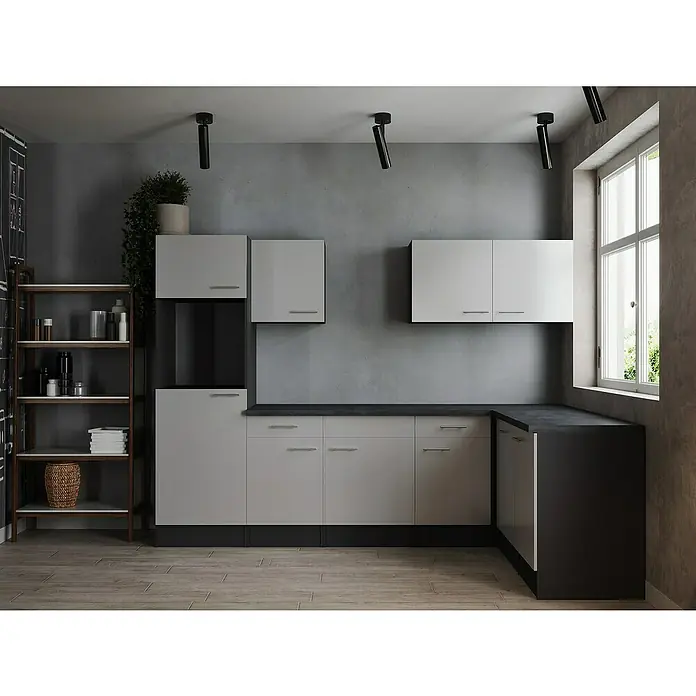 Respekta Olivia Winkelküche - Breite: 280 cm, Weiß, Ohne Elektrogeräte - Helle Küche mit weißen Schränken und Schubladen, ergänzt durch dunkle Akzente und moderne Beleuchtung. Ein stilvolles Design für kulinarische Erlebnisse.