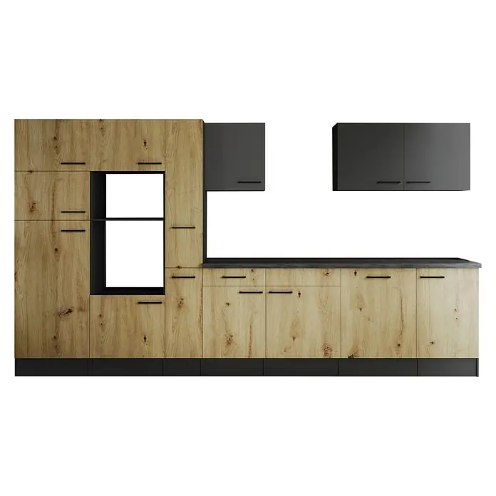 Respekta Olivia Küchenleerblock - Breite: 370 cm, Artisan Eiche Nachbildung/Grau, Ohne Elektrogeräte, Schwarze Griffe - Eine moderne Küchenzeile mit Holzfronten und grauen Hängeschränken bietet viel Stauraum und eine offene Regalfläche.