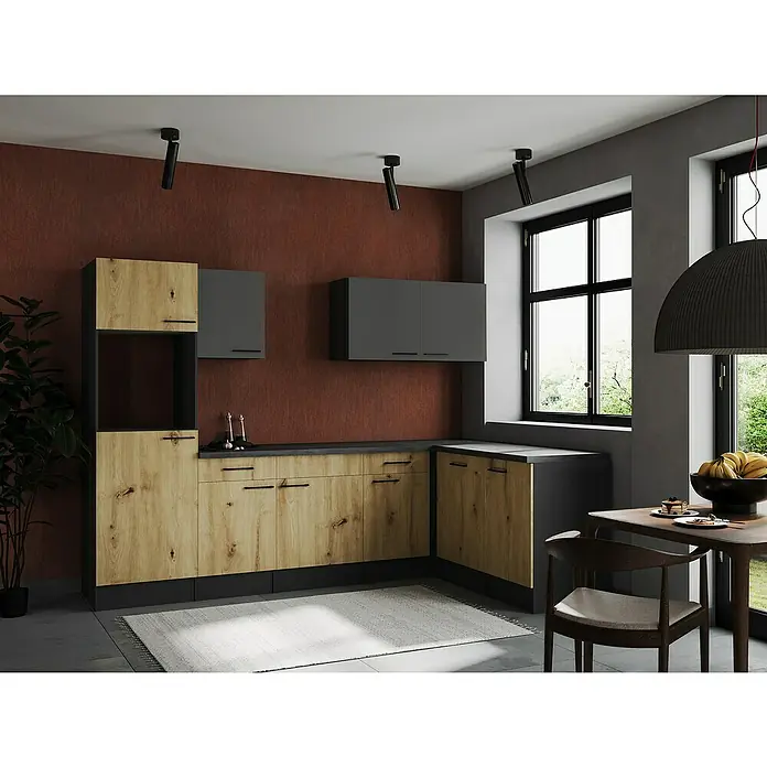 Respekta Olivia Winkelküche - Breite: 280 cm, Artisan Eiche Nachbildung/Grau, Ohne Elektrogeräte - Küchenansicht mit Holz- und Grautönen, minimalistischem Design und moderner Beleuchtung für eine stilvolle Raumatmosphäre.