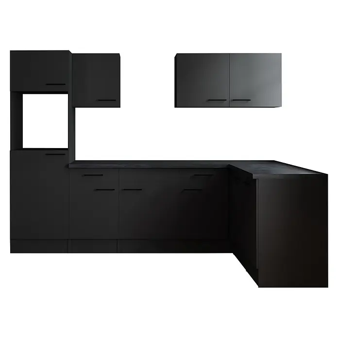 Respekta Olivia Winkelküche - Breite: 280 cm, Grau matt, Ohne Elektrogeräte - Moderne graue Küche mit stilvollen Schränken, schwarzen Griffen und einer eleganten Arbeitsplatte, die eine moderne und minimalistische Atmosphäre schafft.