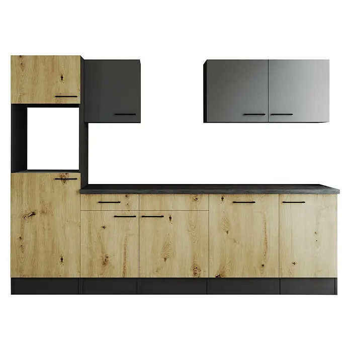 Respekta Olivia Küchenleerblock - Breite: 280 cm, Artisan Eiche Nachbildung/Grau, Ohne Elektrogeräte, Schwarze Griffe - Moderne Küchenzeile mit Holzfronten und grauen Hängeschränken. Das Küchenmobiliar bietet viel Stauraum und eine stilvolle Optik.