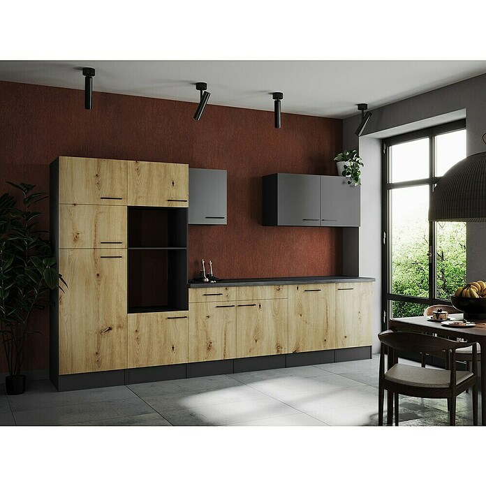 Respekta Olivia Küchenleerblock (Breite: 340 cm, Artisan Eiche Nachbildung/Grau, Ohne Elektrogeräte, Schwarze Griffe) | BAUHAUS