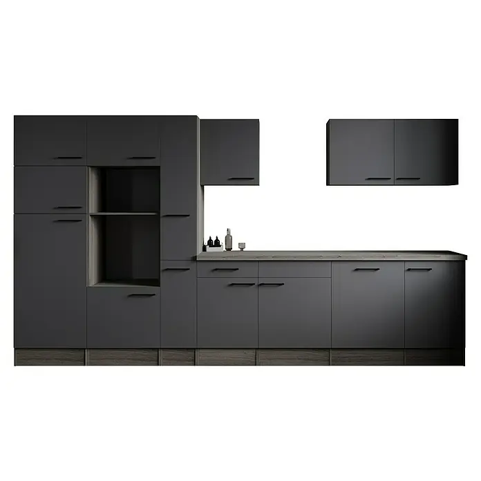 Respekta Olivia Küchenleerblock - Breite: 370 cm, Artisan Eiche Nachbildung Grau, Ohne Elektrogeräte, Schwarze Griffe - Graue Küchenschränke mit stilvollen Griffen. Zeitloses Design für eine moderne Küche mit viel Stauraum.