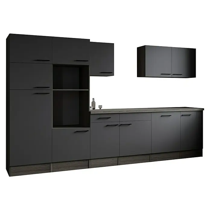 Respekta Olivia Küchenleerblock - Breite: 340 cm, Artisan Eiche Nachbildung Grau, Ohne Elektrogeräte, Schwarze Griffe - Moderne graue Küche mit stilvollen Schränken und Schubladen. Die dunklen Griffe verleihen der Küche einen eleganten Touch.