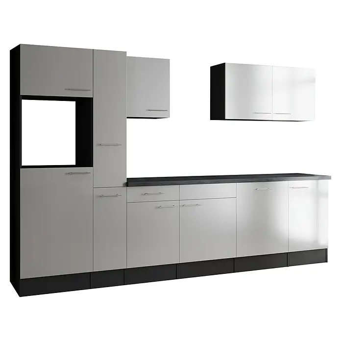 Respekta Olivia Küchenleerblock - Breite: 310 cm, Weiß, Ohne Elektrogeräte, Silberne Griffe - Eine moderne Küche mit hellen Schränken und dunklen Arbeitsplatten, die ein elegantes und funktionales Design bietet.