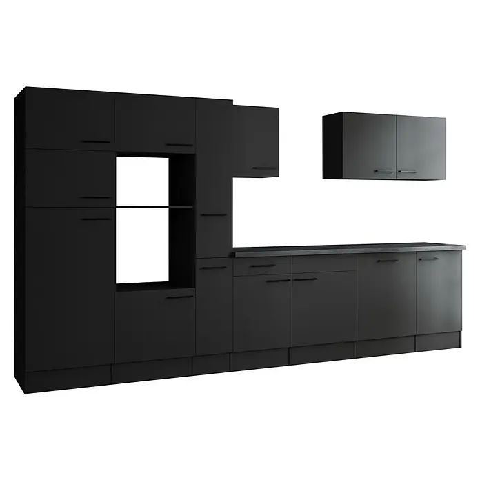 Respekta Olivia Küchenleerblock - Breite: 370 cm, Grau, Ohne Elektrogeräte, Schwarze Griffe - Moderne graue Küche mit minimalistischem Design. Die Schränke bieten viel Stauraum und eine elegante Optik für zeitgemäßes Wohnen.