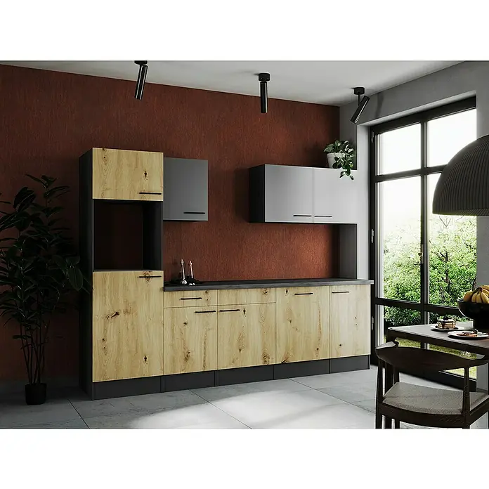 Respekta Olivia Küchenleerblock - Breite: 280 cm, Artisan Eiche Nachbildung/Grau, Ohne Elektrogeräte, Schwarze Griffe - Helle Küche mit Holzelementen und grauen Akzenten. Die moderne Küchenzeile bietet viel Stauraum und Arbeitsfläche.