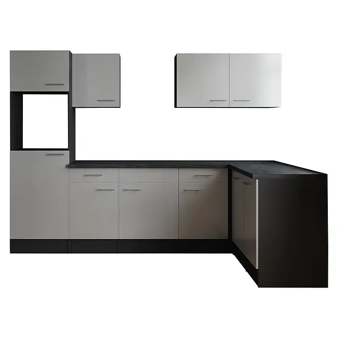Respekta Olivia Winkelküche - Breite: 280 cm, Weiß, Ohne Elektrogeräte - Moderne Küchenzeile in Grau und Schwarz mit Hängeschränken und Schubladen. Stilvolles Design für die moderne Küche.