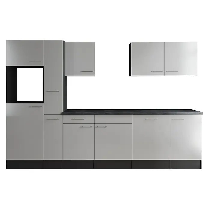 Respekta Olivia Küchenleerblock - Breite: 310 cm, Weiß, Ohne Elektrogeräte, Silberne Griffe - Küchenzeile in Grauweiß mit eleganten silbernen Griffen und einer dunklen Arbeitsplatte, ideal für moderne Küchen.