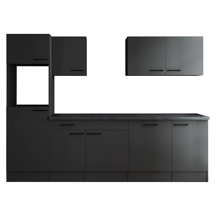 Respekta Olivia Küchenleerblock - Breite: 280 cm, Grau, Ohne Elektrogeräte, Schwarze Griffe - Graue Küchenschränke mit dunklen Griffen vor schwarzem Hintergrund. Zeitgenössisches Küchendesign.