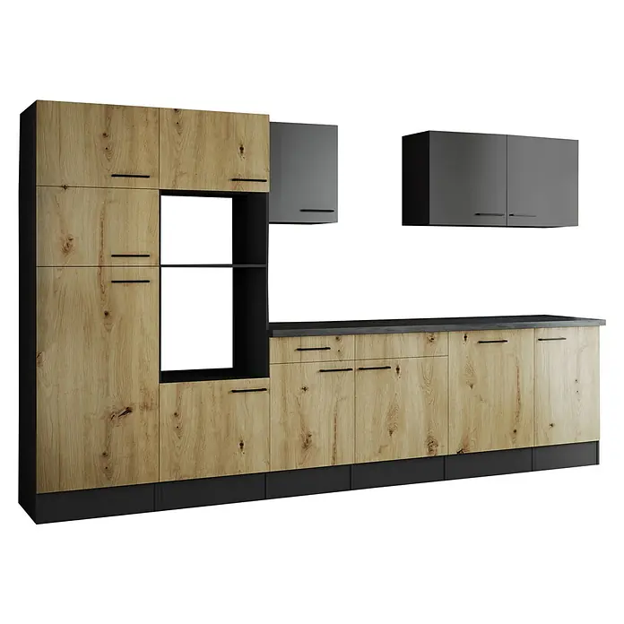 Respekta Olivia Küchenleerblock - Breite: 340 cm, Artisan Eiche Nachbildung/Grau, Ohne Elektrogeräte, Schwarze Griffe - Moderne Küche mit Holzfronten und grauen Hängeschränken, stilvolles Design für ein gemütliches Zuhause.
